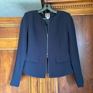 Anne Klein Classic Navy Peplum Blazer with Double Zipper Front Closure, Size 4